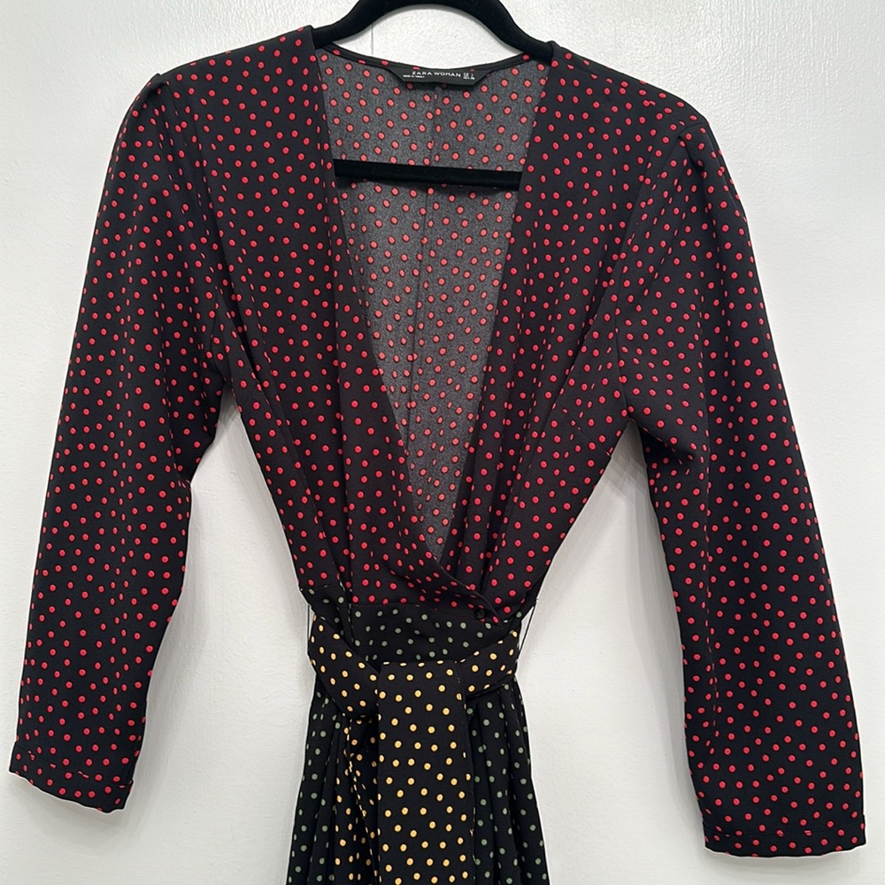 ZARA Polka Dot Belted Long Sleeve Wrap Midi Dress Size L - Picture 7 of 9